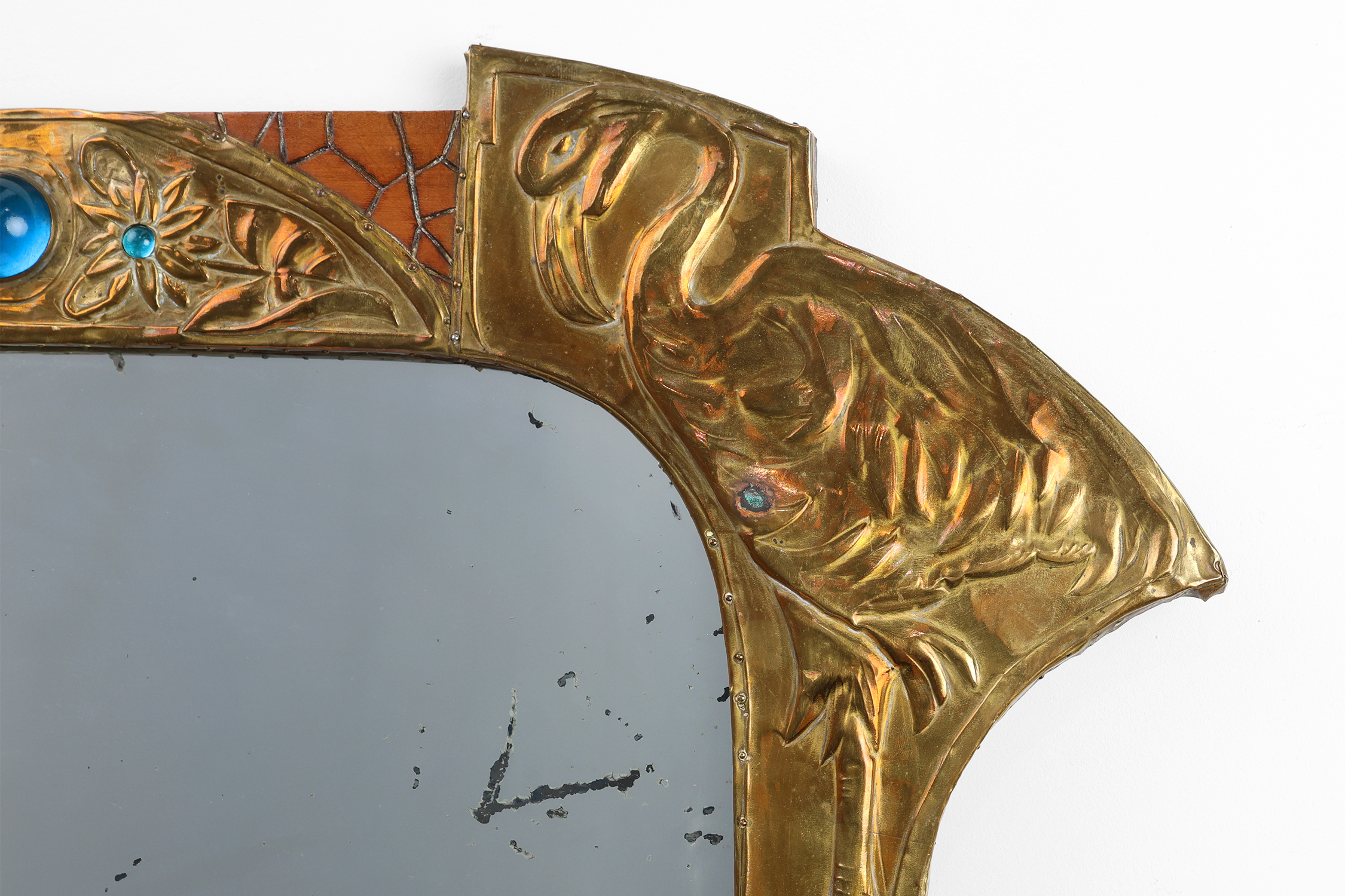 Art Nouveau Mirror in Brass and Glass Inlay, Signed A.H. Villaket, France ca. 1910thumbnail